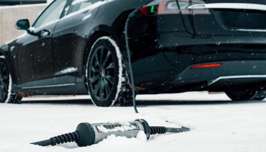tesla charger in the snow